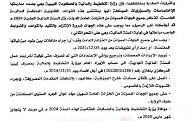 وزارة المالية تطالب بوقف أي مناقلات بين بنود ميزانياتها بعد تاريخ 26 ديسمبر 2024.